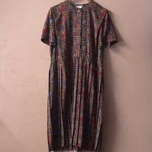 Vintage Leslie Fay Red, Blue, Green, & Yellow Printed Midi/Maxi Dress EUC